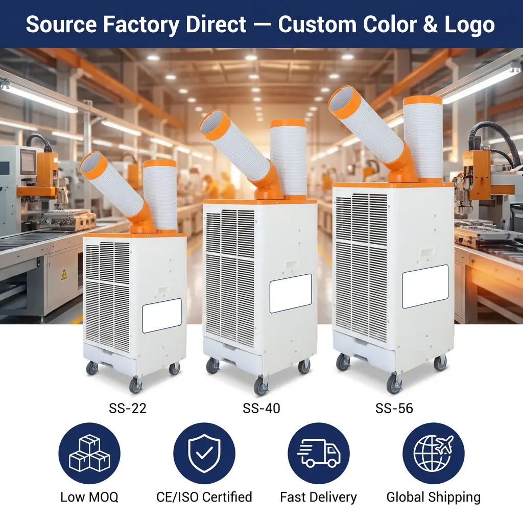 Condizionatore d'aria industriale con dispositivo di raffreddamento spot a raffreddamento rapido da 3 minuti in stile giapponese bianco arancione OEM per officina di lavorazione dei metalli