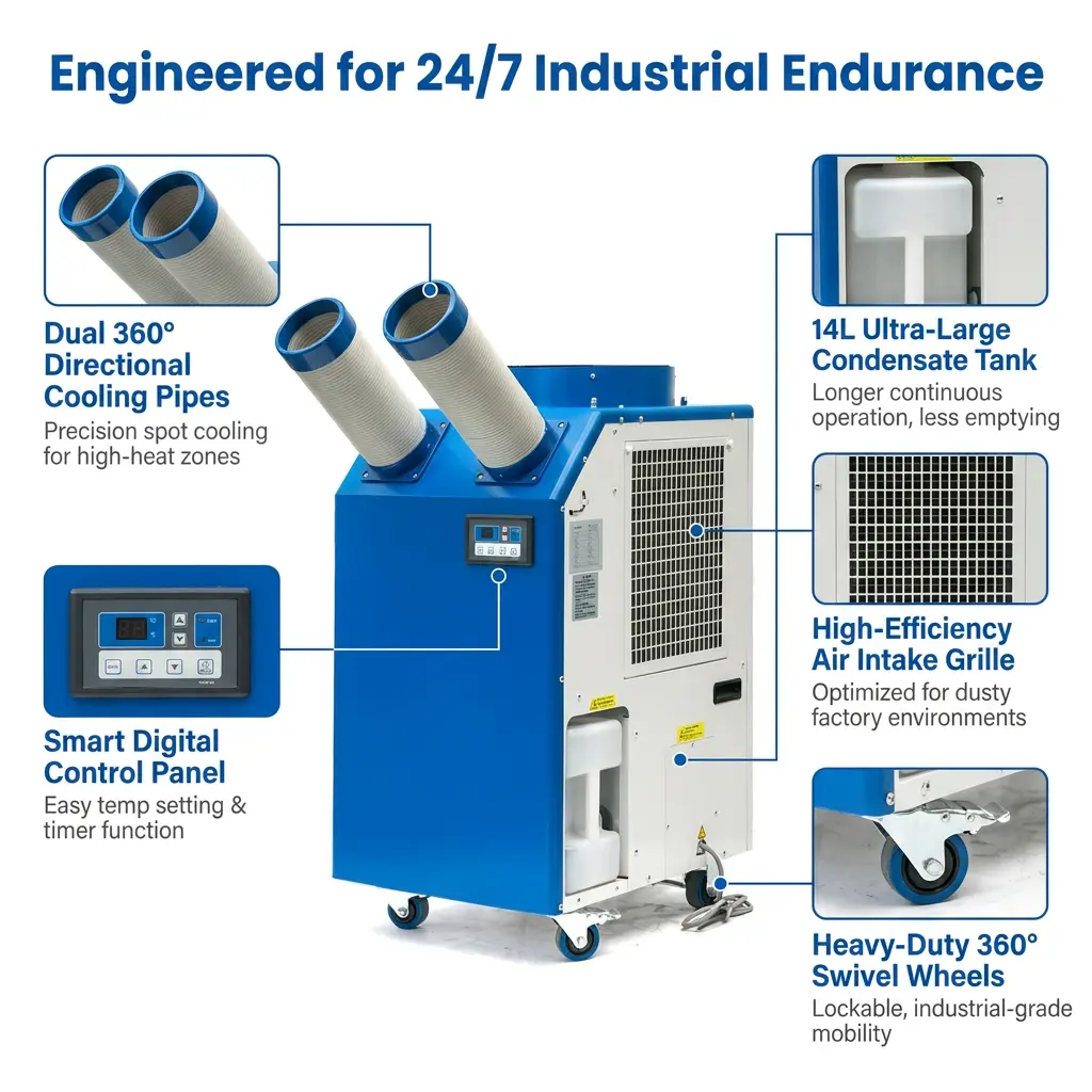 Condizionatore d'aria industriale portatile del dispositivo di raffreddamento del punto del compressore rotativo di potere 9300BTU del grande carro armato dell'OEM 14L 2700W per l'officina